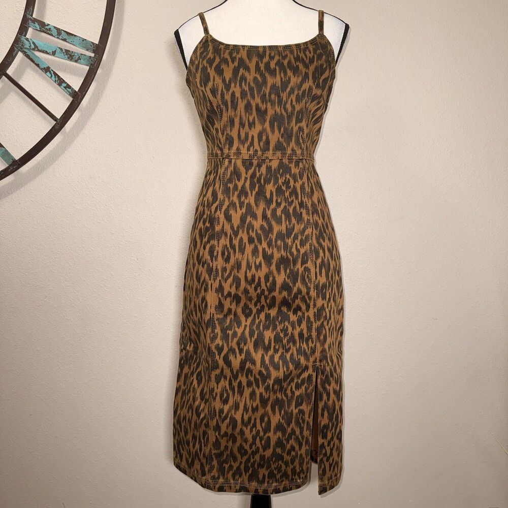 Steve Madden Dress Size 4 NWT Sleeveless Leopard Print Denim Sheath Front Slit